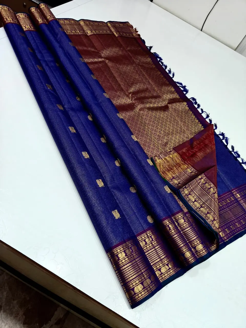 Royal Blue Kanjivaram Silk Saree with Intricate Gold Woven Zari Work